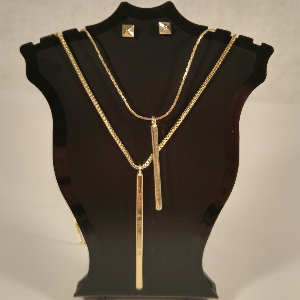 Necklace earring set gold bar 2-row drop pyramid